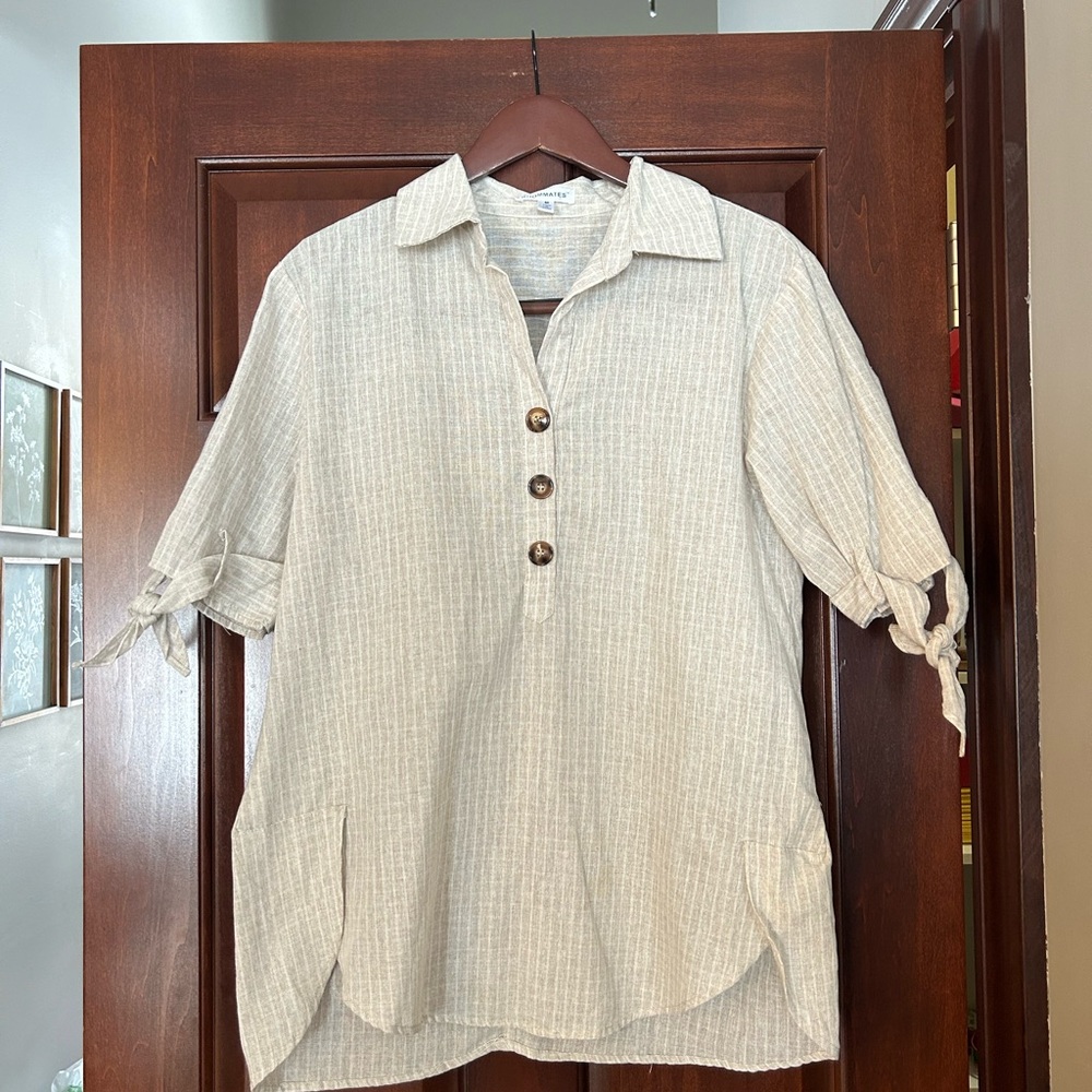 Roommates Beige Striped Button Down Shirt- cotton linen blend size M